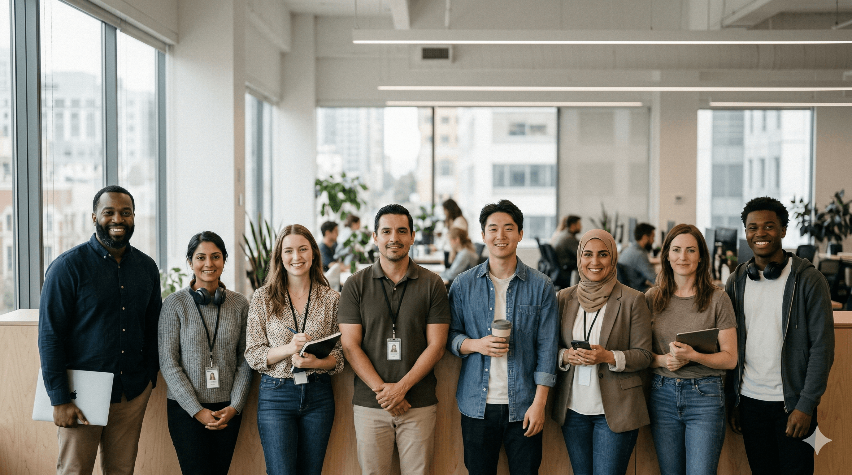 Diverse team of professionals standing together in a modern office
