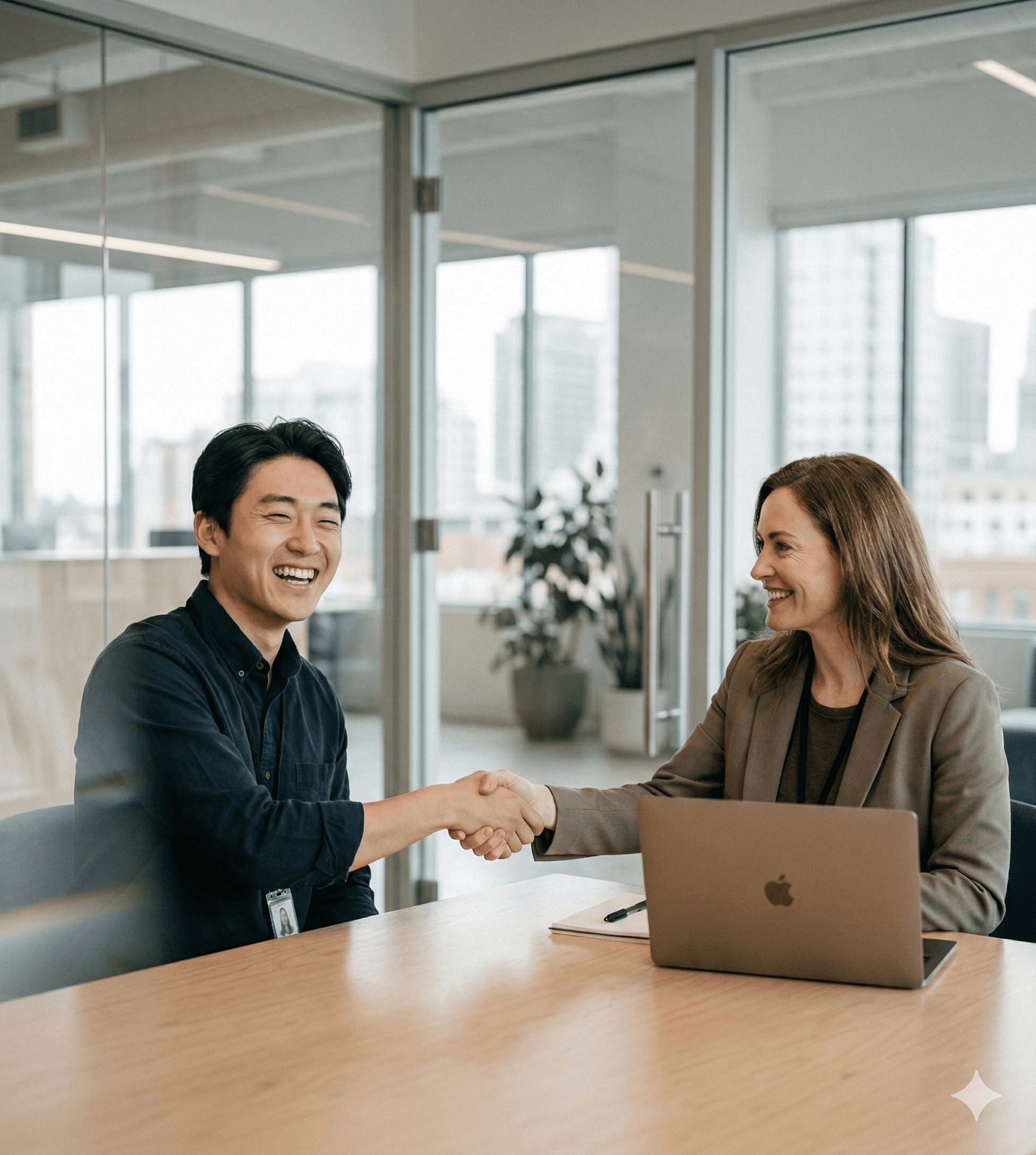 Two professionals shaking hands in a modern office